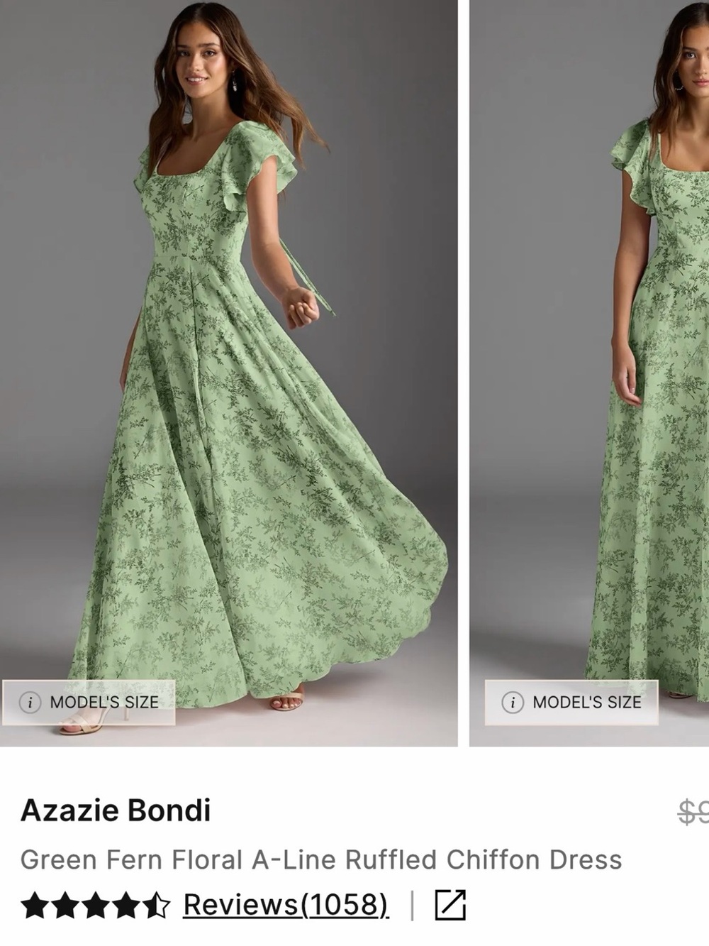 Azazie Green Fern Floral A-Line Ruffled Chiffon Maxi Dress